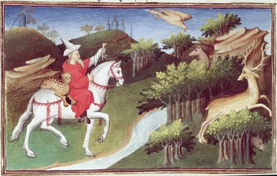 Ms Fr 2810 f.31v, Le Grand Khan lâche son aigle contre une biche, du 